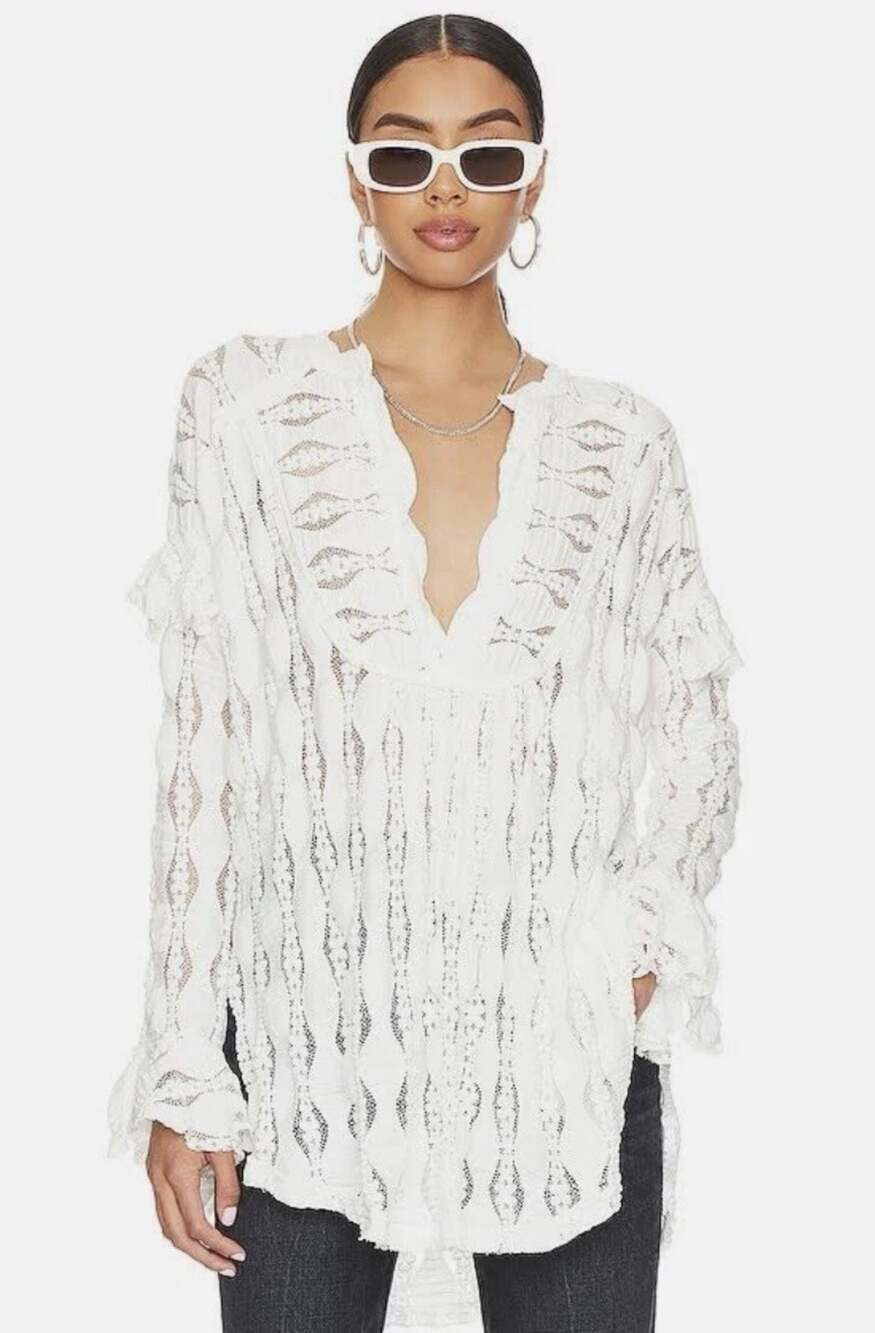 Free People Candy Shop Sheer Lace Tunic Top in Ivory